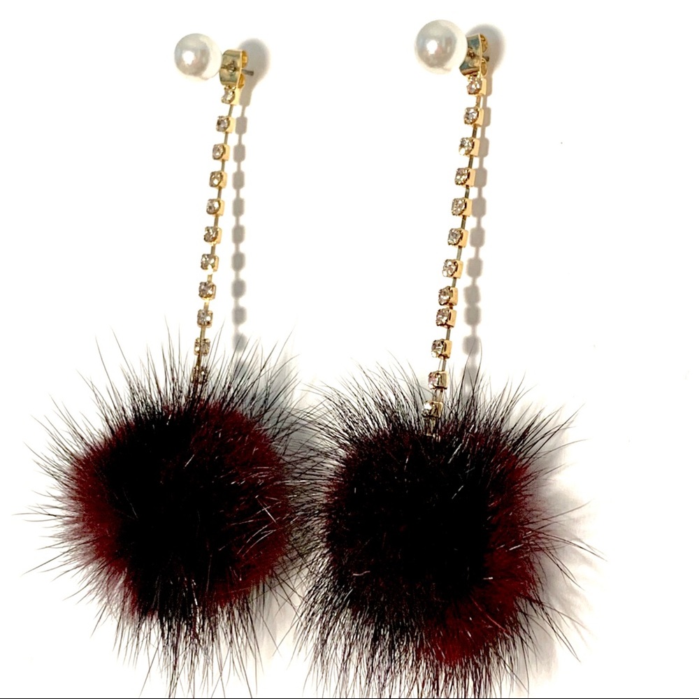 Pave Pearl Fur Ball Pom Drop Gold Earrings